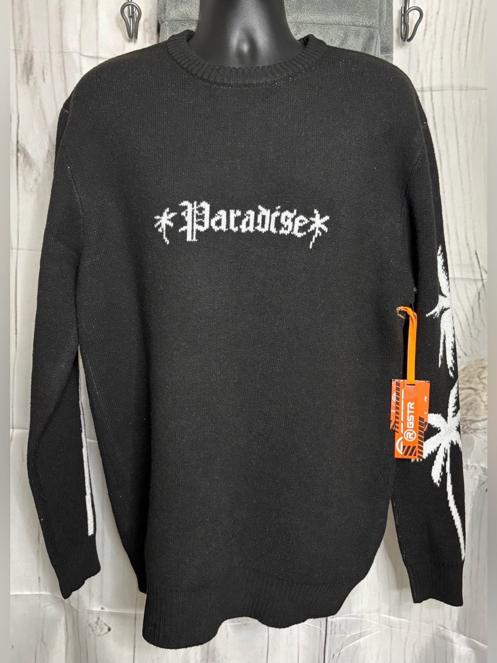 RGSTR NWT Men's Paradise Gothic Script Palm Tree Knit Sweater XL Black